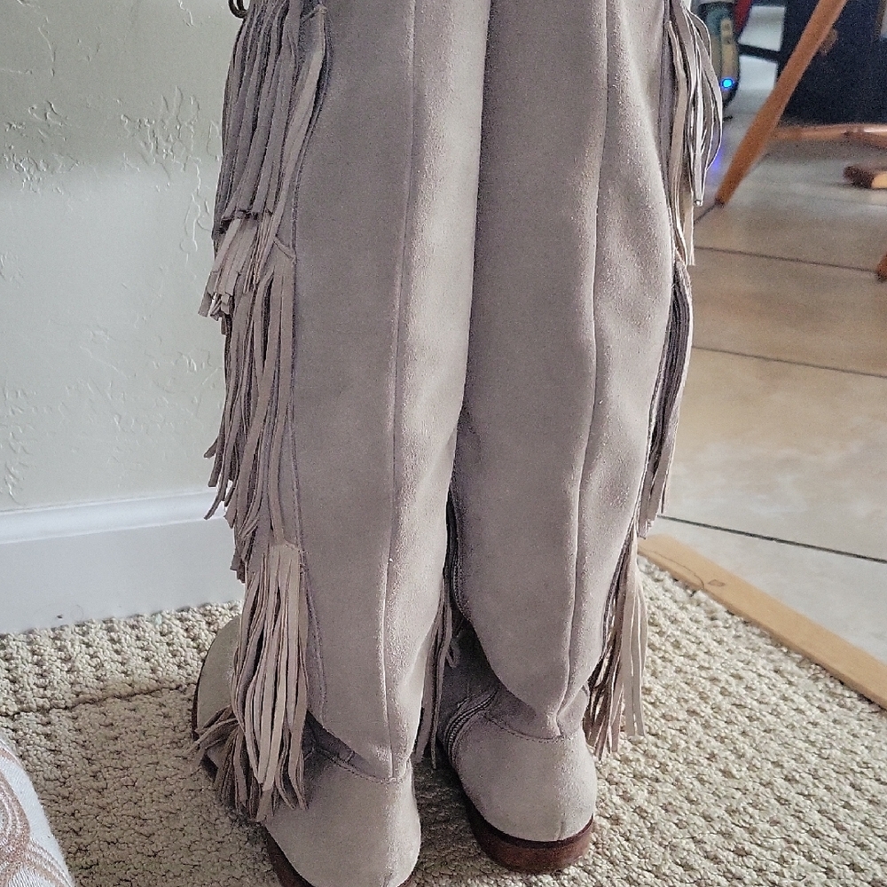 Zara Grey/Tan Fringe Half Calf Boots - Picture 5 of 8